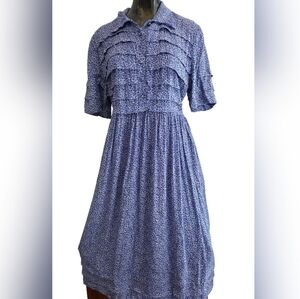 Karin Stevens Indigo Ruffle Midi Dress Size 12 Cottagecore Blue Vintage Style